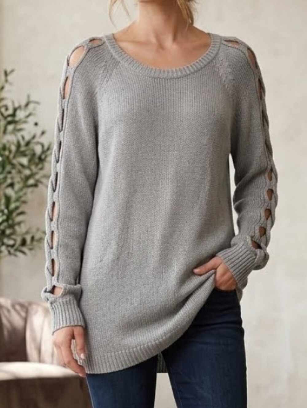 K Jordan Gray Woven Open Sleeve Knit Pullover Sweater
